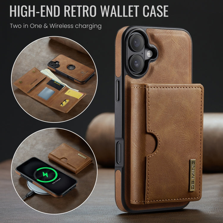 For iPhone 16 Plus DG.MING M6 Series RFID Tri-fold Card Bag Removable Leather Phone Case(Brown)