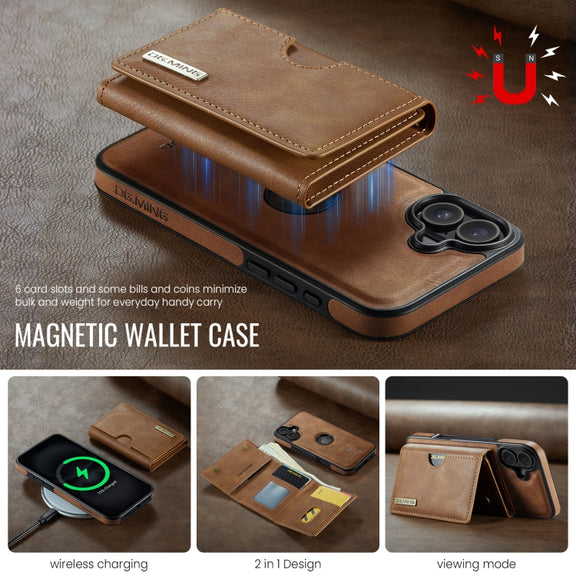For iPhone 16 Plus DG.MING M6 Series RFID Tri-fold Card Bag Removable Leather Phone Case(Brown)