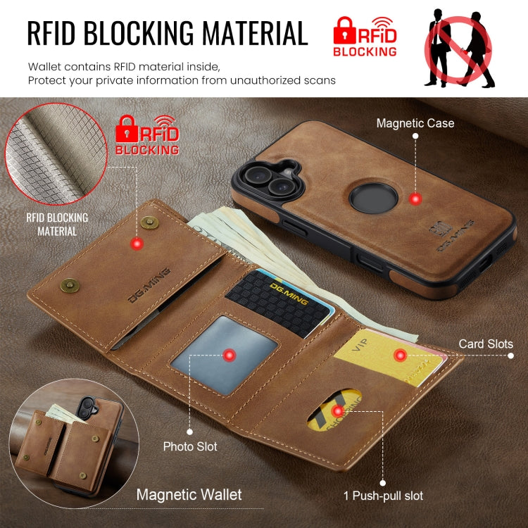 For iPhone 16 Plus DG.MING M6 Series RFID Tri-fold Card Bag Removable Leather Phone Case(Brown)