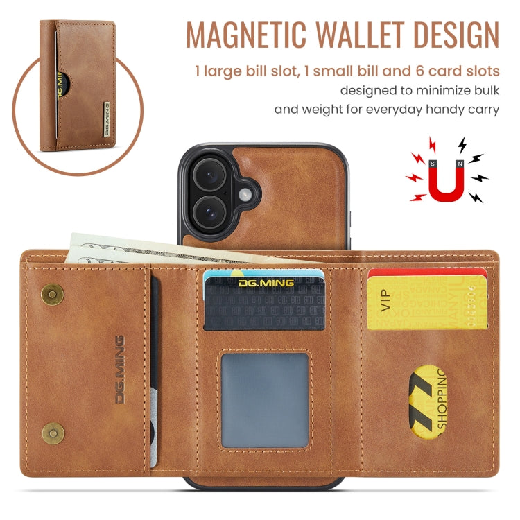 For iPhone 16 Plus DG.MING M6 Series RFID Tri-fold Card Bag Removable Leather Phone Case(Brown)