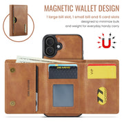 For iPhone 16 Plus DG.MING M6 Series RFID Tri-fold Card Bag Removable Leather Phone Case(Brown)
