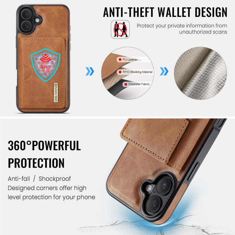 For iPhone 16 Plus DG.MING M6 Series RFID Tri-fold Card Bag Removable Leather Phone Case(Brown)