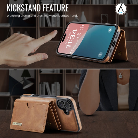 For iPhone 16 Plus DG.MING M6 Series RFID Tri-fold Card Bag Removable Leather Phone Case(Brown)