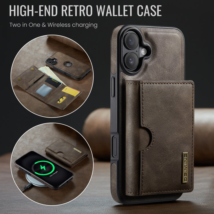 For iPhone 16 Plus DG.MING M6 Series RFID Tri-fold Card Bag Removable Leather Phone Case(Coffee)