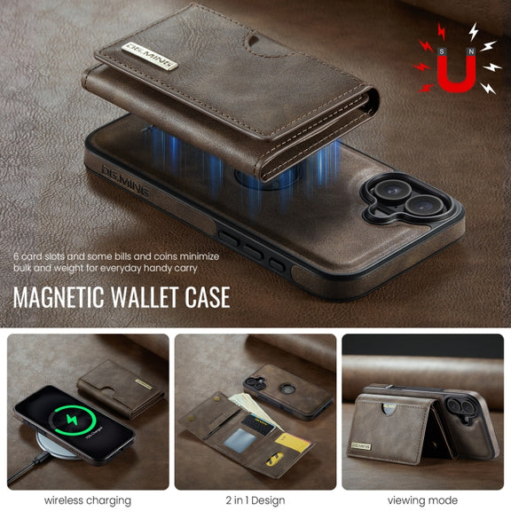 For iPhone 16 Plus DG.MING M6 Series RFID Tri-fold Card Bag Removable Leather Phone Case(Coffee)
