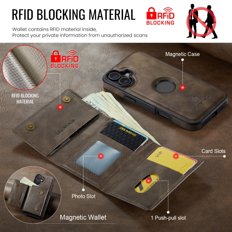 For iPhone 16 Plus DG.MING M6 Series RFID Tri-fold Card Bag Removable Leather Phone Case(Coffee)