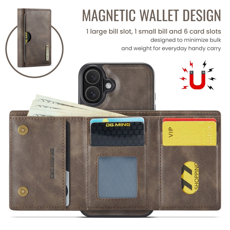 For iPhone 16 Plus DG.MING M6 Series RFID Tri-fold Card Bag Removable Leather Phone Case(Coffee)