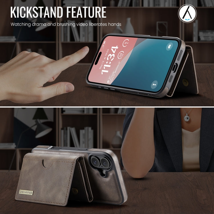 For iPhone 16 Plus DG.MING M6 Series RFID Tri-fold Card Bag Removable Leather Phone Case(Coffee)