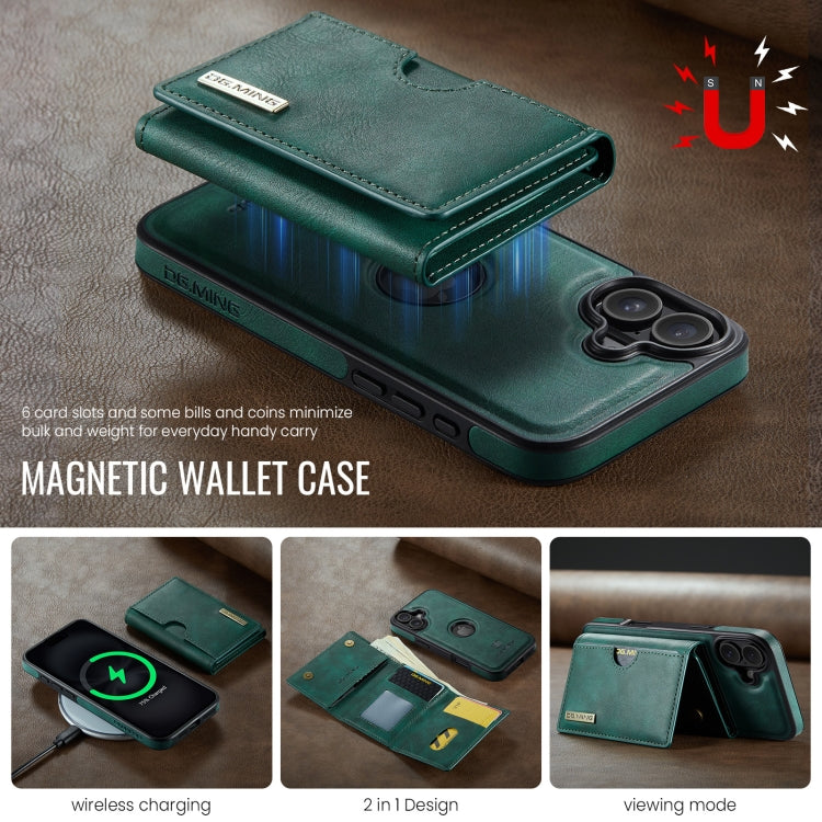For iPhone 16 Plus DG.MING M6 Series RFID Tri-fold Card Bag Removable Leather Phone Case(Green)