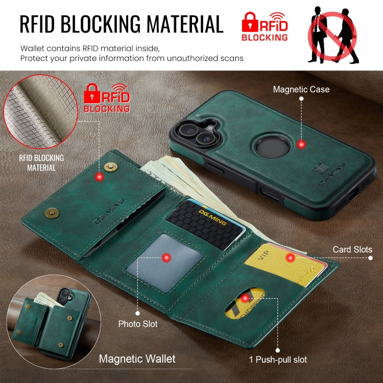 For iPhone 16 Plus DG.MING M6 Series RFID Tri-fold Card Bag Removable Leather Phone Case(Green)