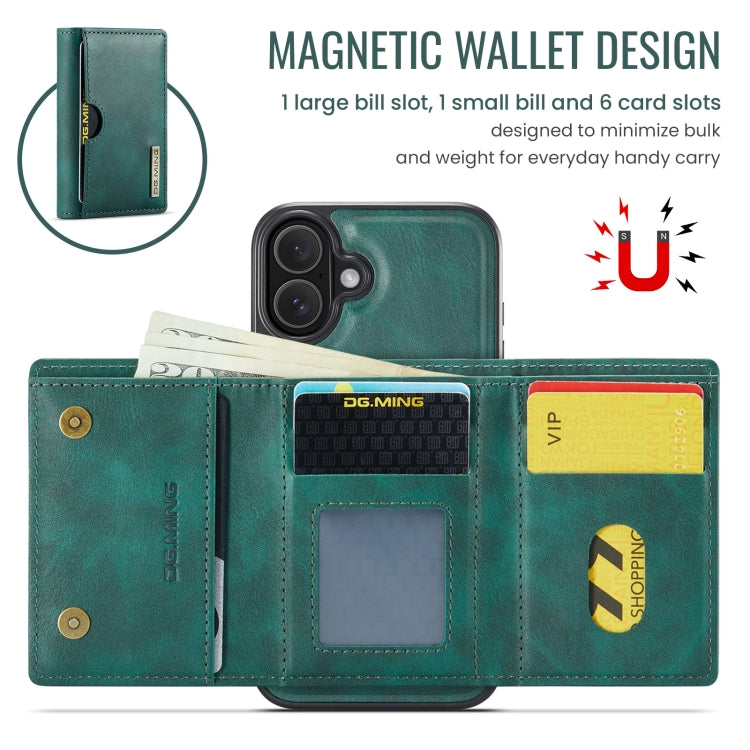 For iPhone 16 Plus DG.MING M6 Series RFID Tri-fold Card Bag Removable Leather Phone Case(Green)