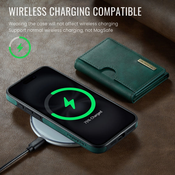 For iPhone 16 Plus DG.MING M6 Series RFID Tri-fold Card Bag Removable Leather Phone Case(Green)