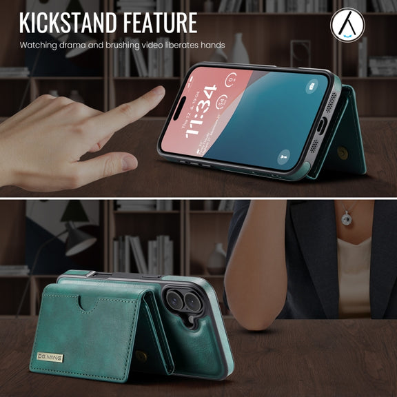 For iPhone 16 Plus DG.MING M6 Series RFID Tri-fold Card Bag Removable Leather Phone Case(Green)