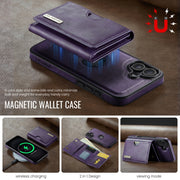For iPhone 16 Plus DG.MING M6 Series RFID Tri-fold Card Bag Removable Leather Phone Case(Purple)