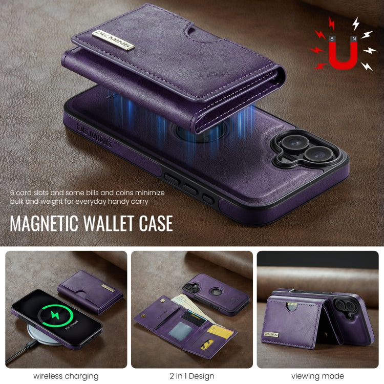 For iPhone 16 Plus DG.MING M6 Series RFID Tri-fold Card Bag Removable Leather Phone Case(Purple)