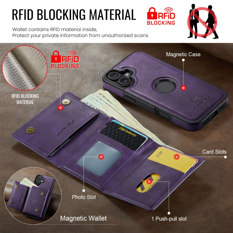 For iPhone 16 Plus DG.MING M6 Series RFID Tri-fold Card Bag Removable Leather Phone Case(Purple)