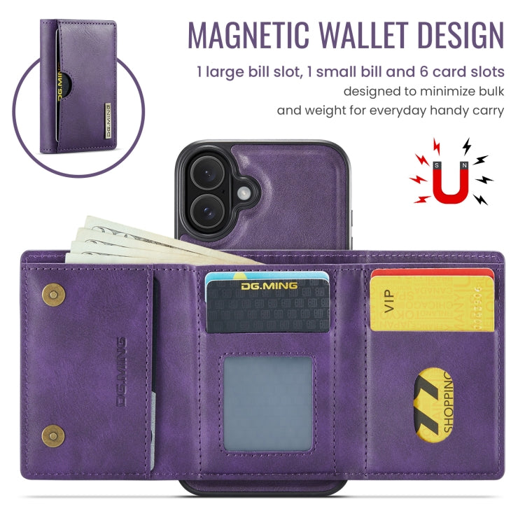 For iPhone 16 Plus DG.MING M6 Series RFID Tri-fold Card Bag Removable Leather Phone Case(Purple)