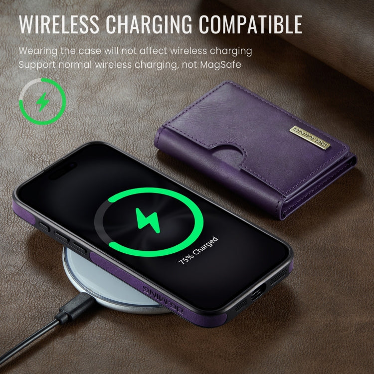 For iPhone 16 Plus DG.MING M6 Series RFID Tri-fold Card Bag Removable Leather Phone Case(Purple)