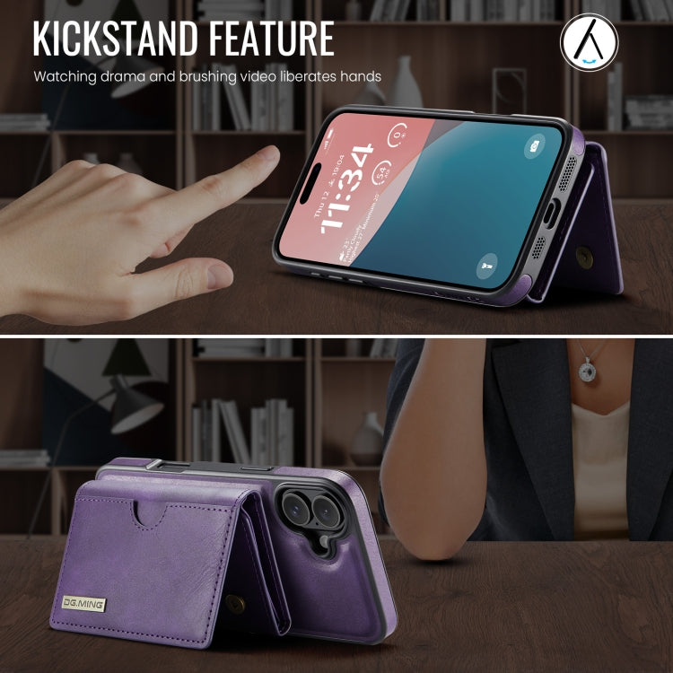 For iPhone 16 Plus DG.MING M6 Series RFID Tri-fold Card Bag Removable Leather Phone Case(Purple)