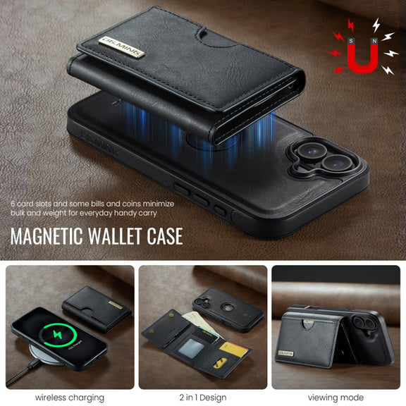 For iPhone 16 DG.MING M6 Series RFID Tri-fold Card Bag Removable Leather Phone Case(Black)
