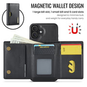 For iPhone 16 DG.MING M6 Series RFID Tri-fold Card Bag Removable Leather Phone Case(Black)