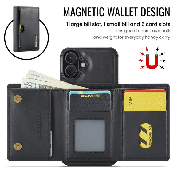 For iPhone 16 DG.MING M6 Series RFID Tri-fold Card Bag Removable Leather Phone Case(Black)