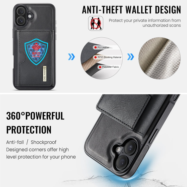 For iPhone 16 DG.MING M6 Series RFID Tri-fold Card Bag Removable Leather Phone Case(Black)
