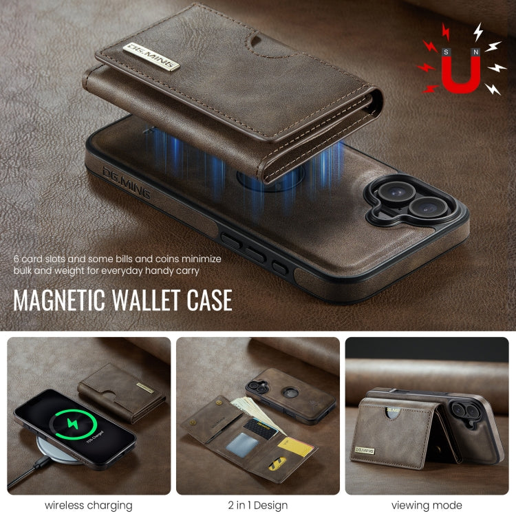 For iPhone 16 DG.MING M6 Series RFID Tri-fold Card Bag Removable Leather Phone Case(Coffee)