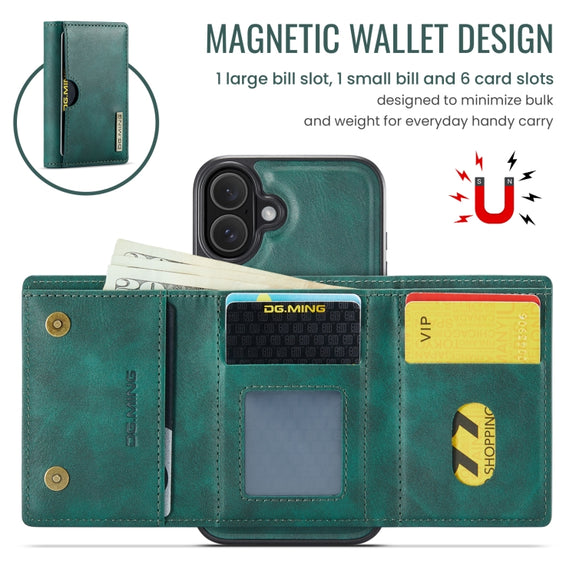 For iPhone 16 DG.MING M6 Series RFID Tri-fold Card Bag Removable Leather Phone Case(Green)