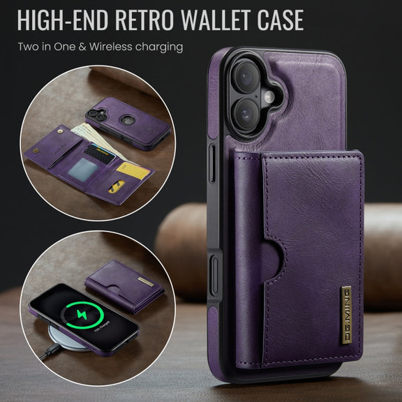 For iPhone 16 DG.MING M6 Series RFID Tri-fold Card Bag Removable Leather Phone Case(Purple)