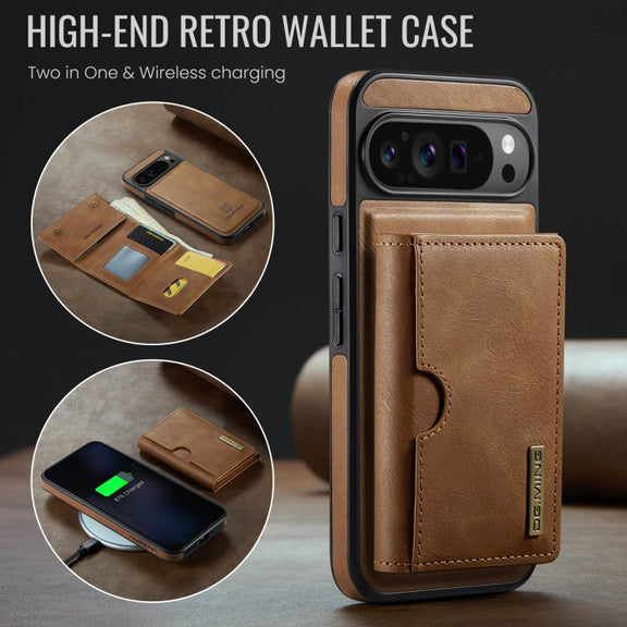 For Google Pixel 9 Pro XL DG.MING M6 Series RFID Tri-fold Card Bag Removable Leather Phone Case(Brown)
