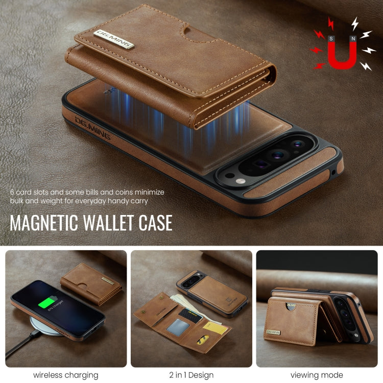 For Google Pixel 9 Pro XL DG.MING M6 Series RFID Tri-fold Card Bag Removable Leather Phone Case(Brown)