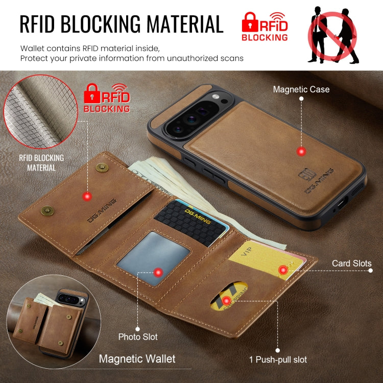 For Google Pixel 9 Pro XL DG.MING M6 Series RFID Tri-fold Card Bag Removable Leather Phone Case(Brown)