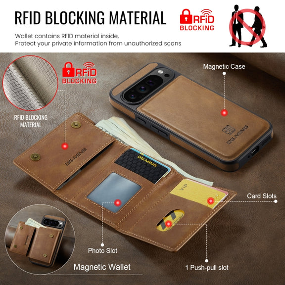 For Google Pixel 9 Pro XL DG.MING M6 Series RFID Tri-fold Card Bag Removable Leather Phone Case(Brown)