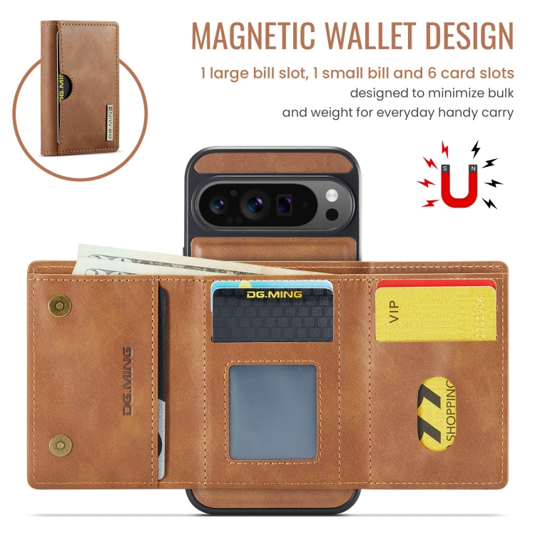 For Google Pixel 9 Pro XL DG.MING M6 Series RFID Tri-fold Card Bag Removable Leather Phone Case(Brown)