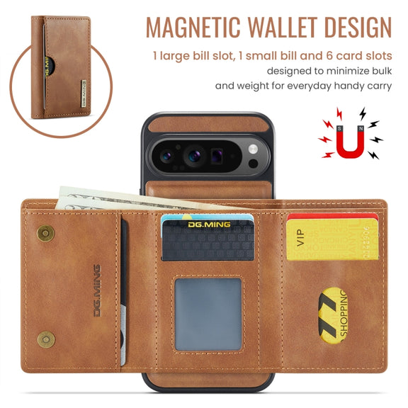 For Google Pixel 9 Pro XL DG.MING M6 Series RFID Tri-fold Card Bag Removable Leather Phone Case(Brown)