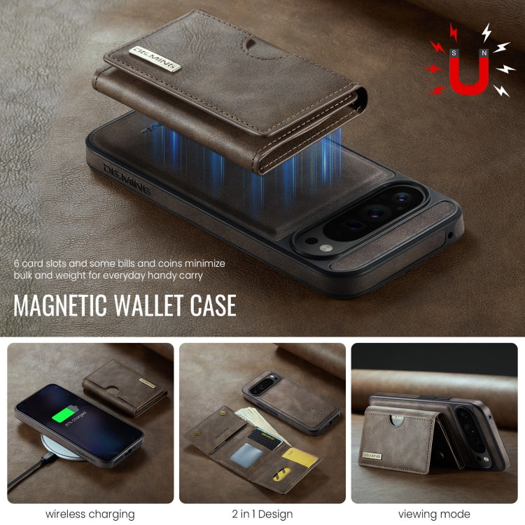 For Google Pixel 9 Pro XL DG.MING M6 Series RFID Tri-fold Card Bag Removable Leather Phone Case(Coffee)