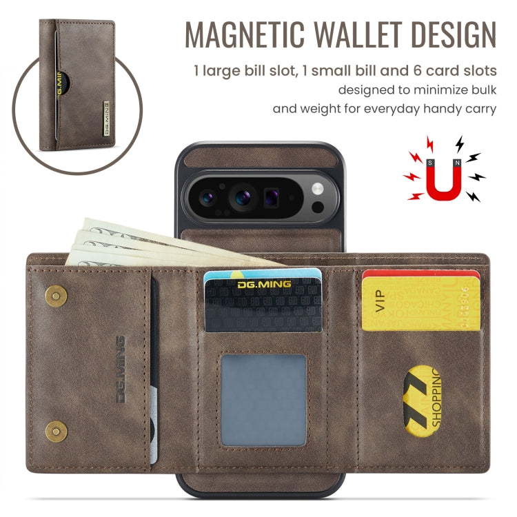 For Google Pixel 9 Pro XL DG.MING M6 Series RFID Tri-fold Card Bag Removable Leather Phone Case(Coffee)