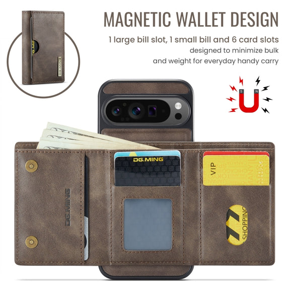 For Google Pixel 9 Pro XL DG.MING M6 Series RFID Tri-fold Card Bag Removable Leather Phone Case(Coffee)
