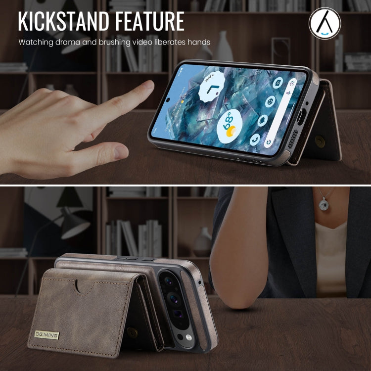 For Google Pixel 9 Pro XL DG.MING M6 Series RFID Tri-fold Card Bag Removable Leather Phone Case(Coffee)