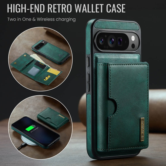 For Google Pixel 9 Pro XL DG.MING M6 Series RFID Tri-fold Card Bag Removable Leather Phone Case(Green)