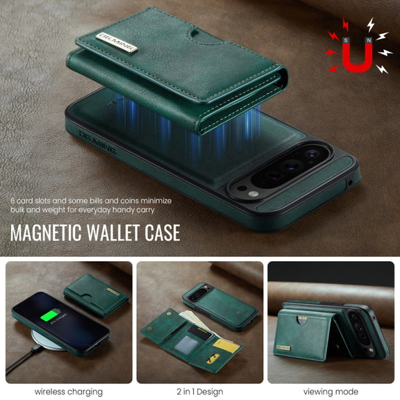 For Google Pixel 9 Pro XL DG.MING M6 Series RFID Tri-fold Card Bag Removable Leather Phone Case(Green)