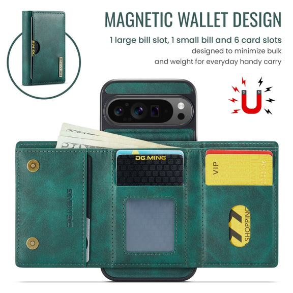 For Google Pixel 9 Pro XL DG.MING M6 Series RFID Tri-fold Card Bag Removable Leather Phone Case(Green)