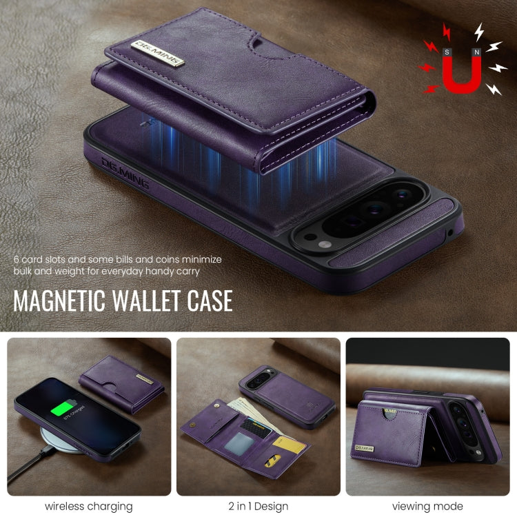 For Google Pixel 9 Pro XL DG.MING M6 Series RFID Tri-fold Card Bag Removable Leather Phone Case(Purple)