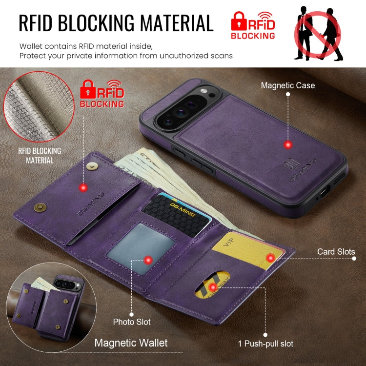 For Google Pixel 9 Pro XL DG.MING M6 Series RFID Tri-fold Card Bag Removable Leather Phone Case(Purple)