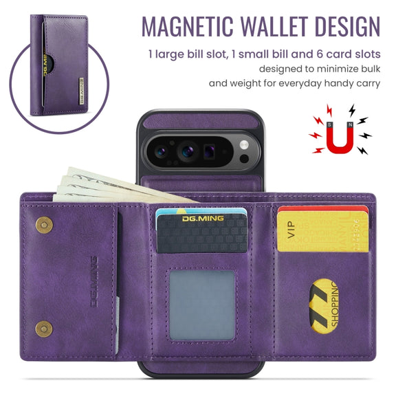 For Google Pixel 9 Pro XL DG.MING M6 Series RFID Tri-fold Card Bag Removable Leather Phone Case(Purple)