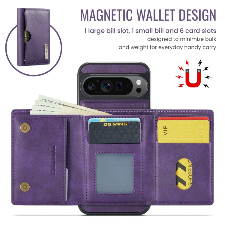 For Google Pixel 9 Pro XL DG.MING M6 Series RFID Tri-fold Card Bag Removable Leather Phone Case(Purple)