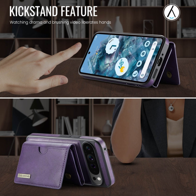 For Google Pixel 9 Pro XL DG.MING M6 Series RFID Tri-fold Card Bag Removable Leather Phone Case(Purple)