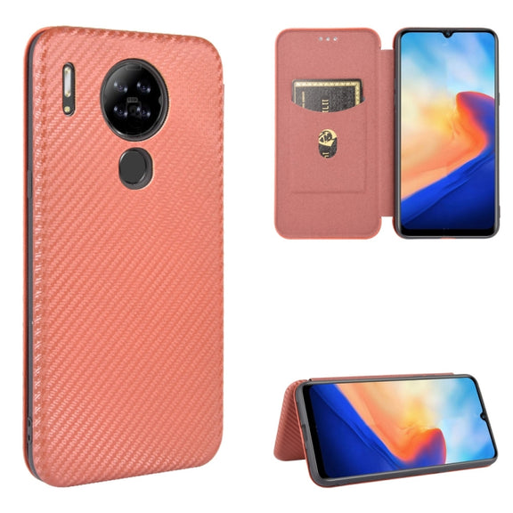 For Blackview A80 Carbon Fiber Texture Horizontal Flip TPU + PC + PU Leather Case with Card Slot(Brown)