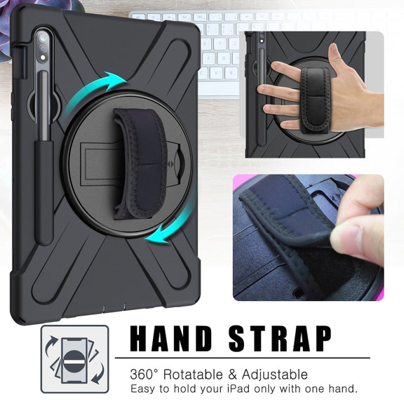 For Samsung Galaxy Tab S9 / Galaxy Tab S8 / Galaxy Tab S7 (2020) T870 Shockproof Colorful Silicone + PC Protective Case with Holder & Shoulder Strap & Hand Strap & Pen Slot(Black)